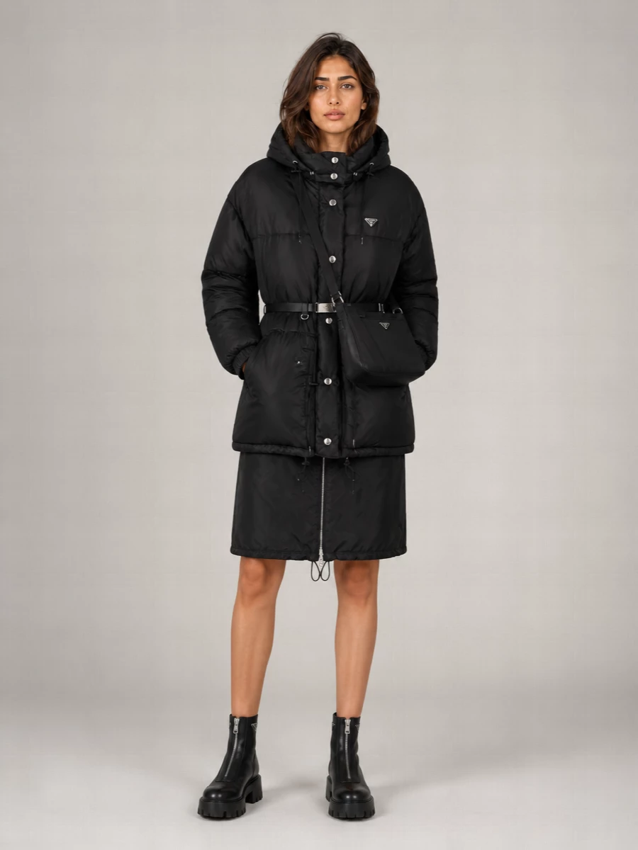 Prada Down Hooded Belted Puffer Coat