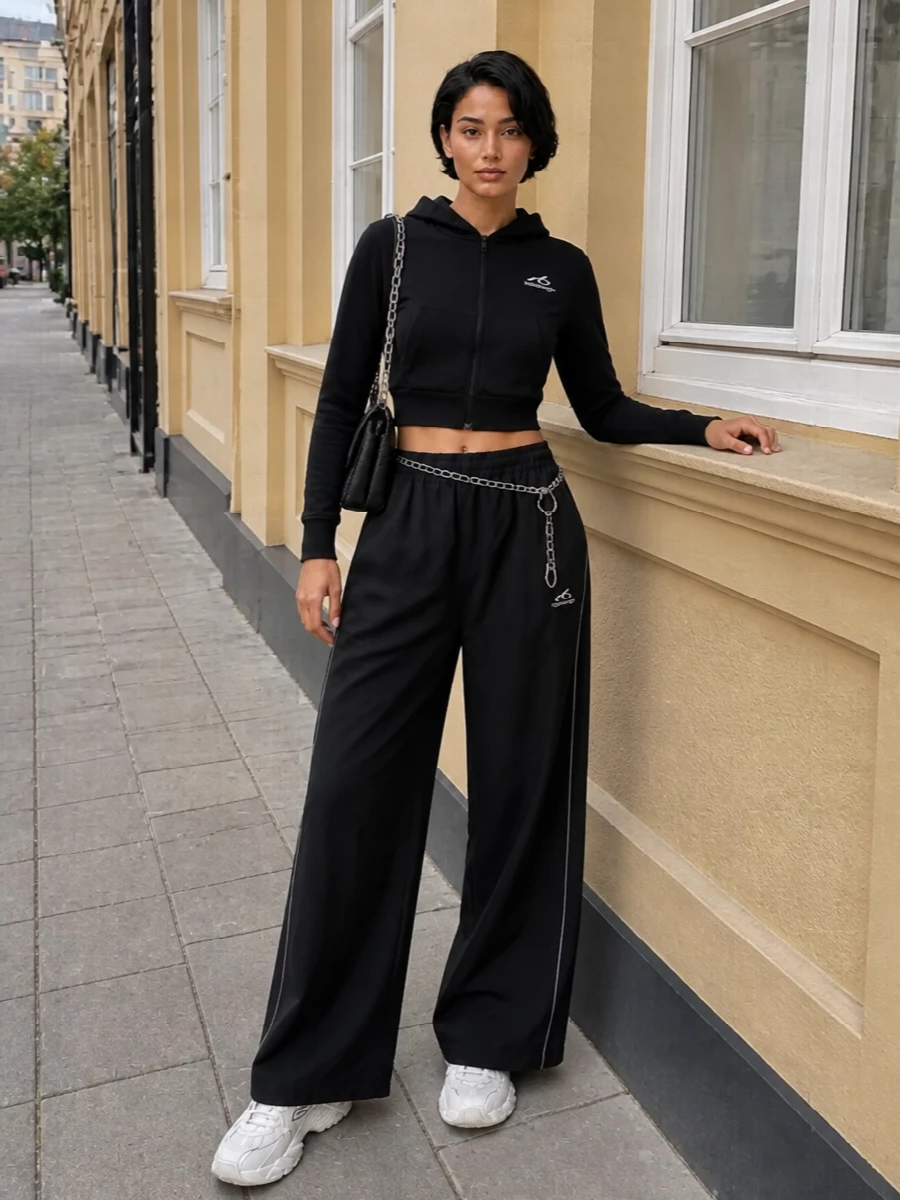 Balenciaga wide leg track pants cropped hoodie outfit