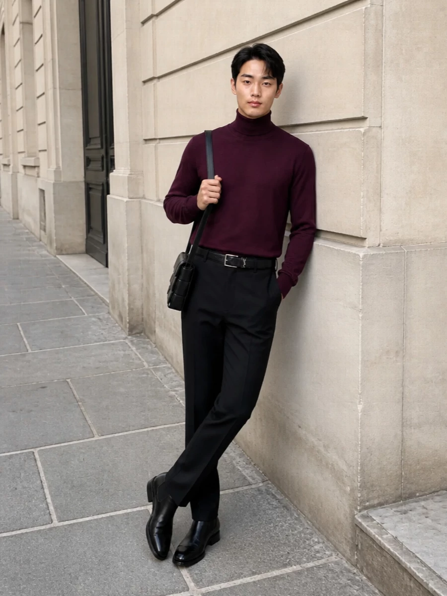 Saint laurent burgundy turtleneck black trousers