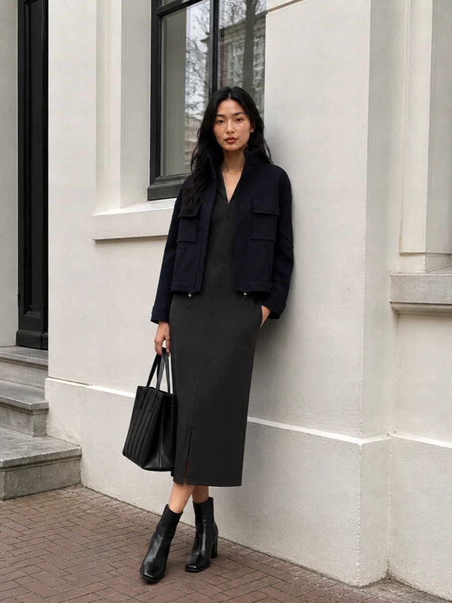 I chose the dress route to let the Armani jacket sit over a single, uninterrupted column, which keeps the cropped, boxy silhouette sharp and modern rather than bulky. The charcoal midi dress and sleek black ankle boots create a disciplined vertical line, while the structured black tote anchors everything in an urban, quietly powerful mood suitable for dinner or gallery evenings. The result is a precise winter ensemble that feels considered from every angle without relying on overt detailing.