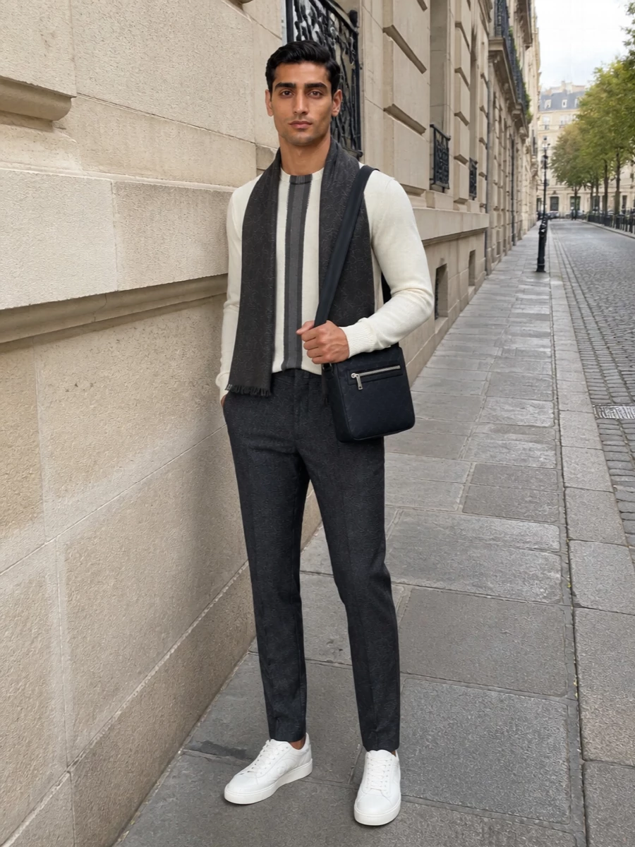 Gucci striped sweater charcoal trousers outfit