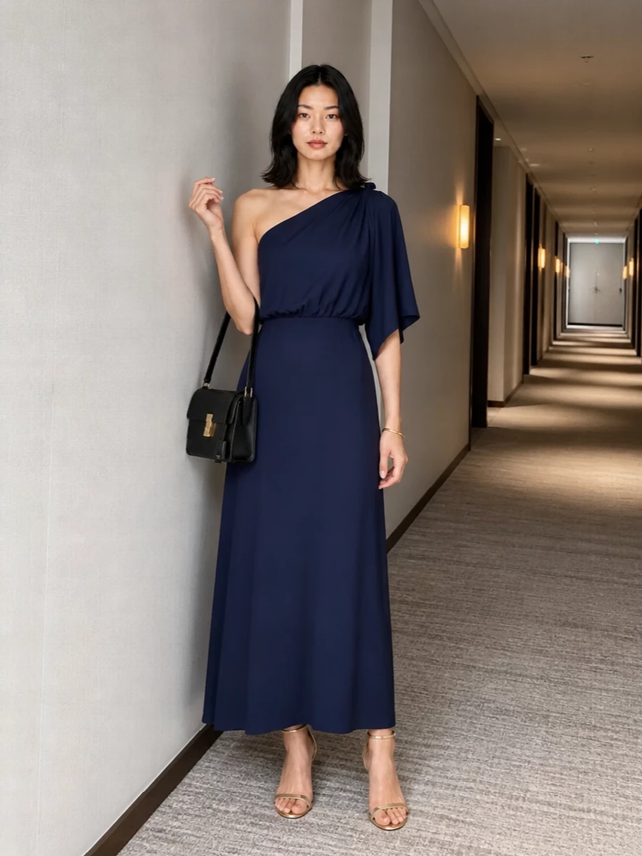 Prada navy one shoulder gown gold sandals
