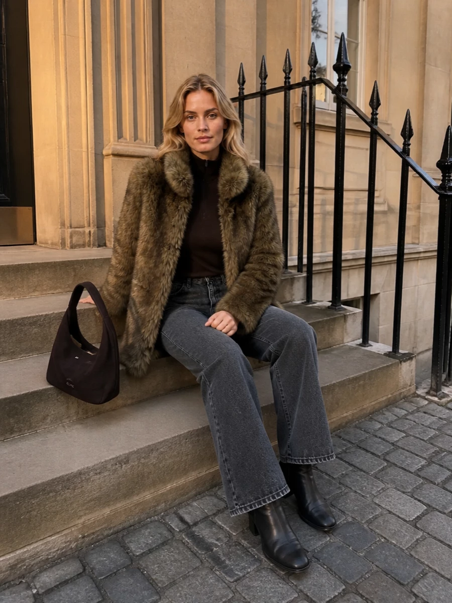 Frankie shop faux fur coat wide leg jeans outfit