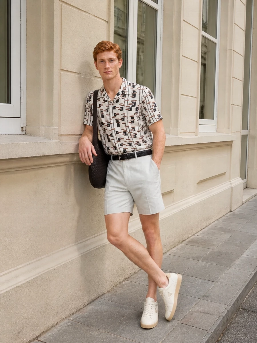 Graphic shirt tailored shorts sneakers outfit