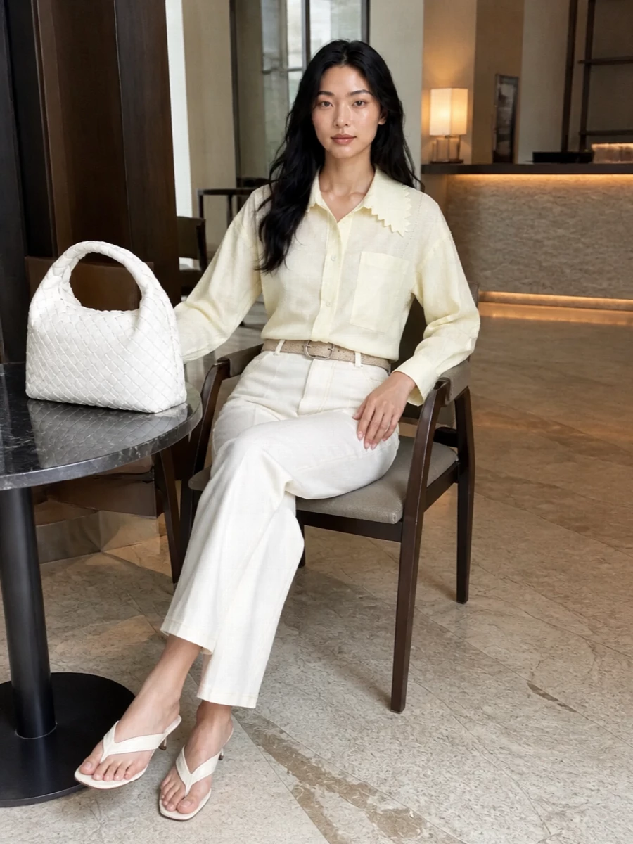 Bottega veneta ivory trousers yellow shirt outfit