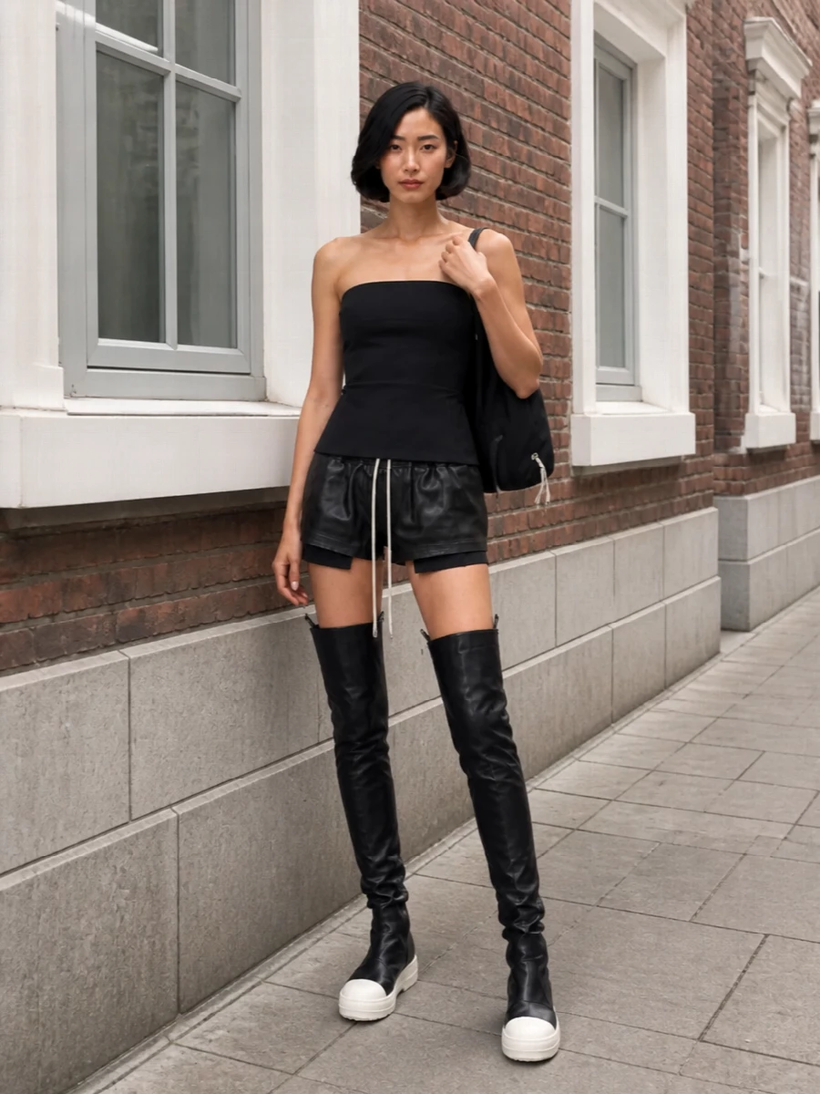 Rick owens strapless top leather mini shorts outfit