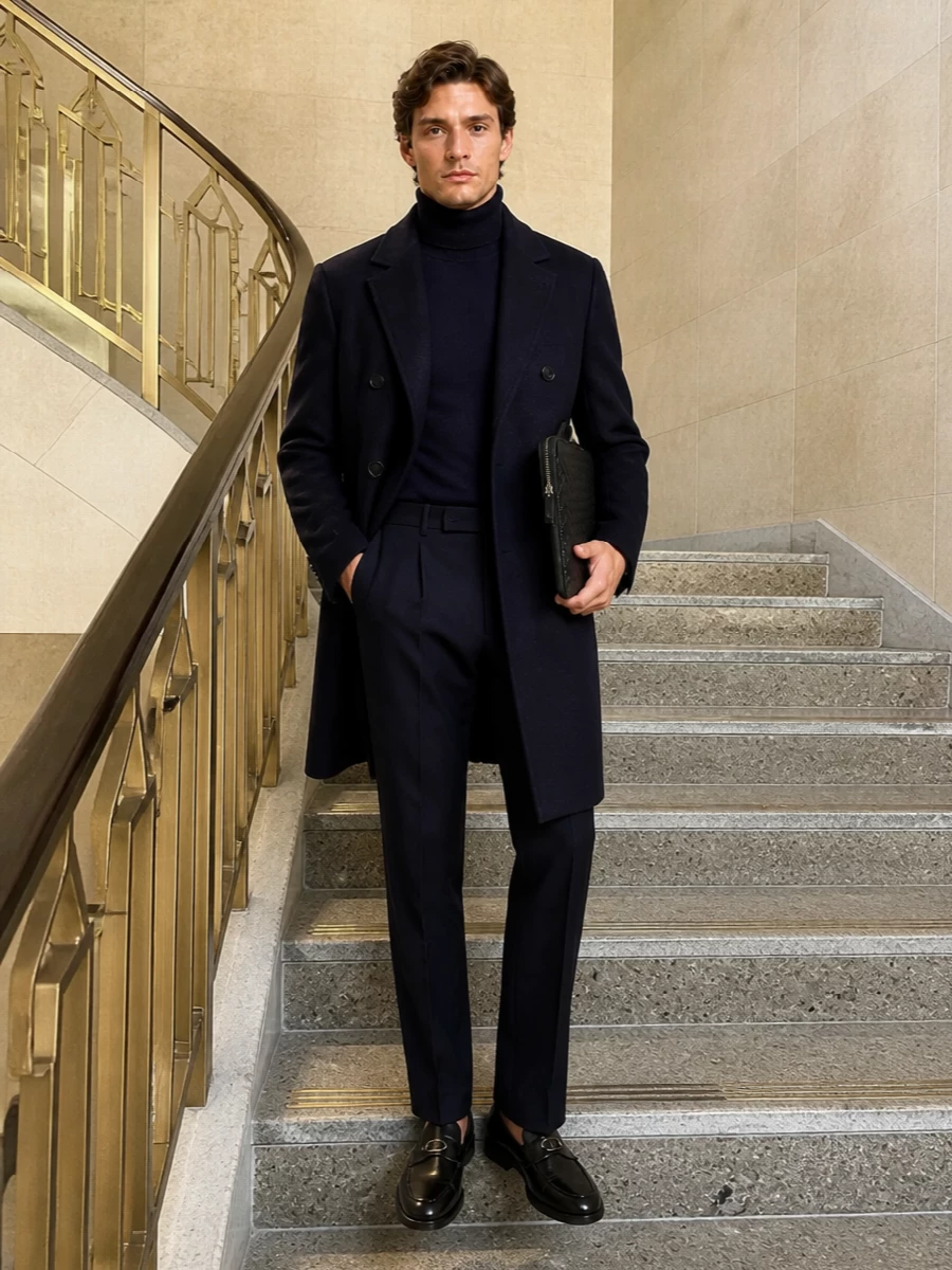 Etro navy coat turtleneck pleated trouser outfit