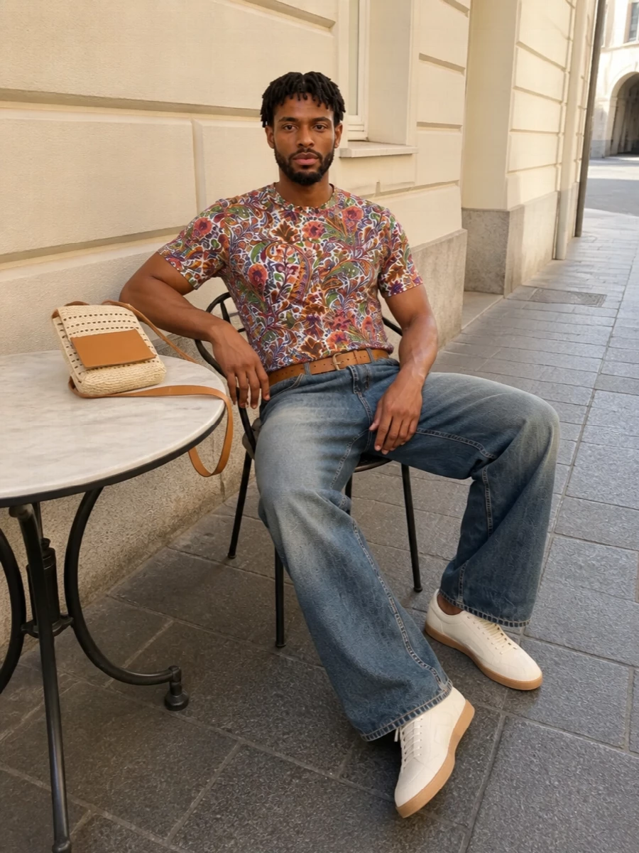 Etro wide leg jeans paisley tee sneakers