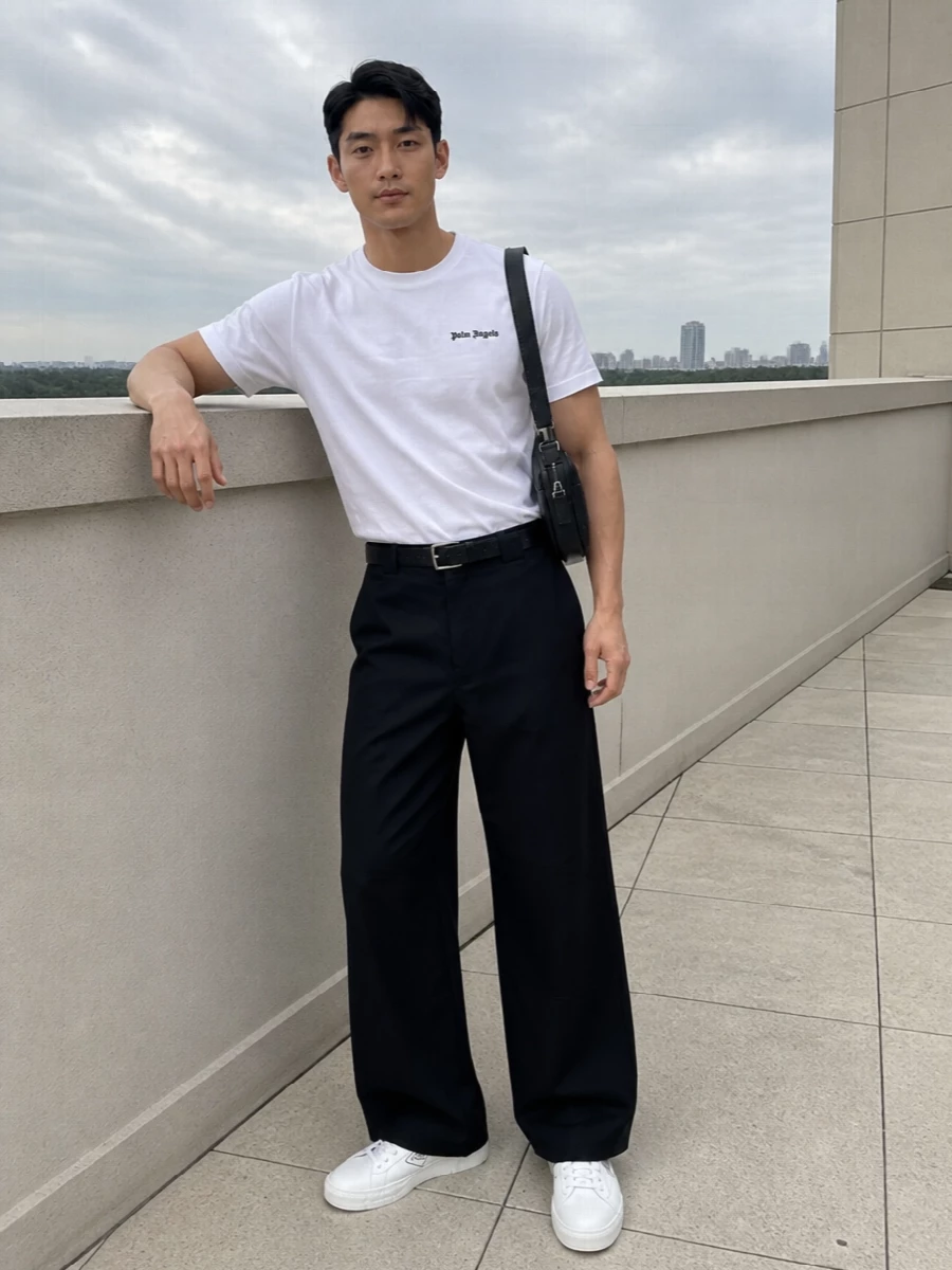 Palm angels tee wide leg trousers prada sneakers
