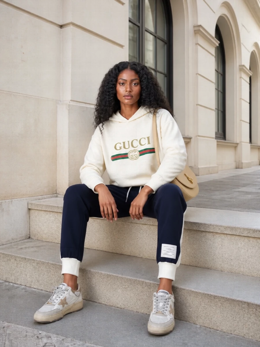 A cream Gucci logo hoodie sits over sharp navy joggers for a sporty take on preppy, anchored by tonal neutral sneakers. The clean Burberry shoulder bag keeps the palette soft and focused, so the logo moment stays chic rather than loud. Easy for travel or coffee runs when you want comfort that still reads considered.