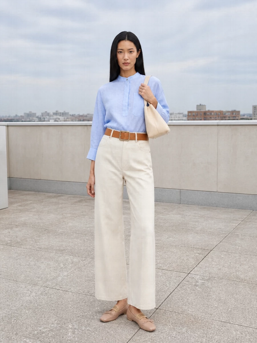 S max mara ivory wide leg jeans blue blouse