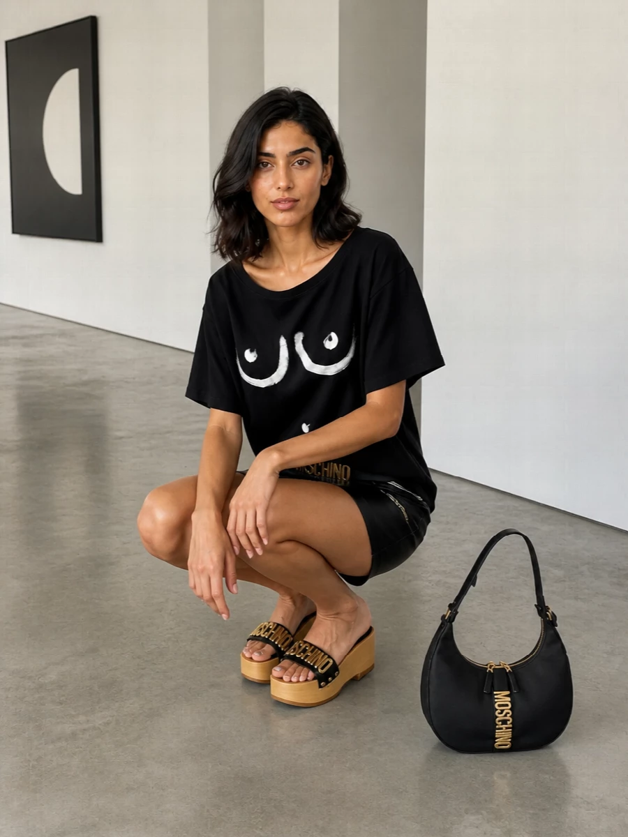 A graphic Moschino tee meets a sharp black utility mini for a monochrome streetwear set that feels tongue in cheek but still pulled together. Platform logo slides and a curved hobo bag continue the black and gold story, while a slim logo belt snatches the waist just enough to keep the proportions intentional and Y2K-leaning rather than slouchy.