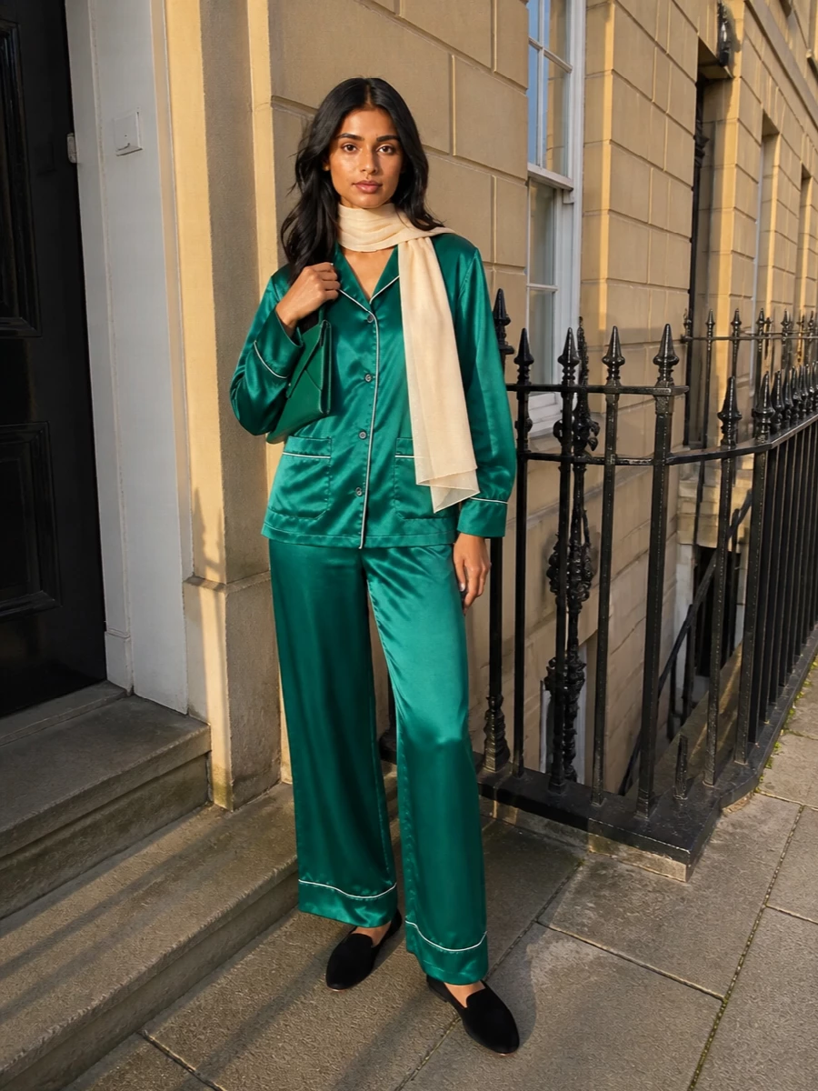 Dolce gabbana emerald satin pajama set outfit