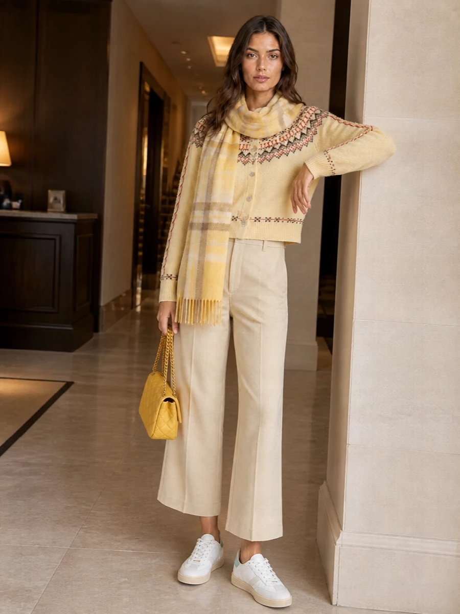 Brunello cucinelli trousers yellow fair isle cardigan