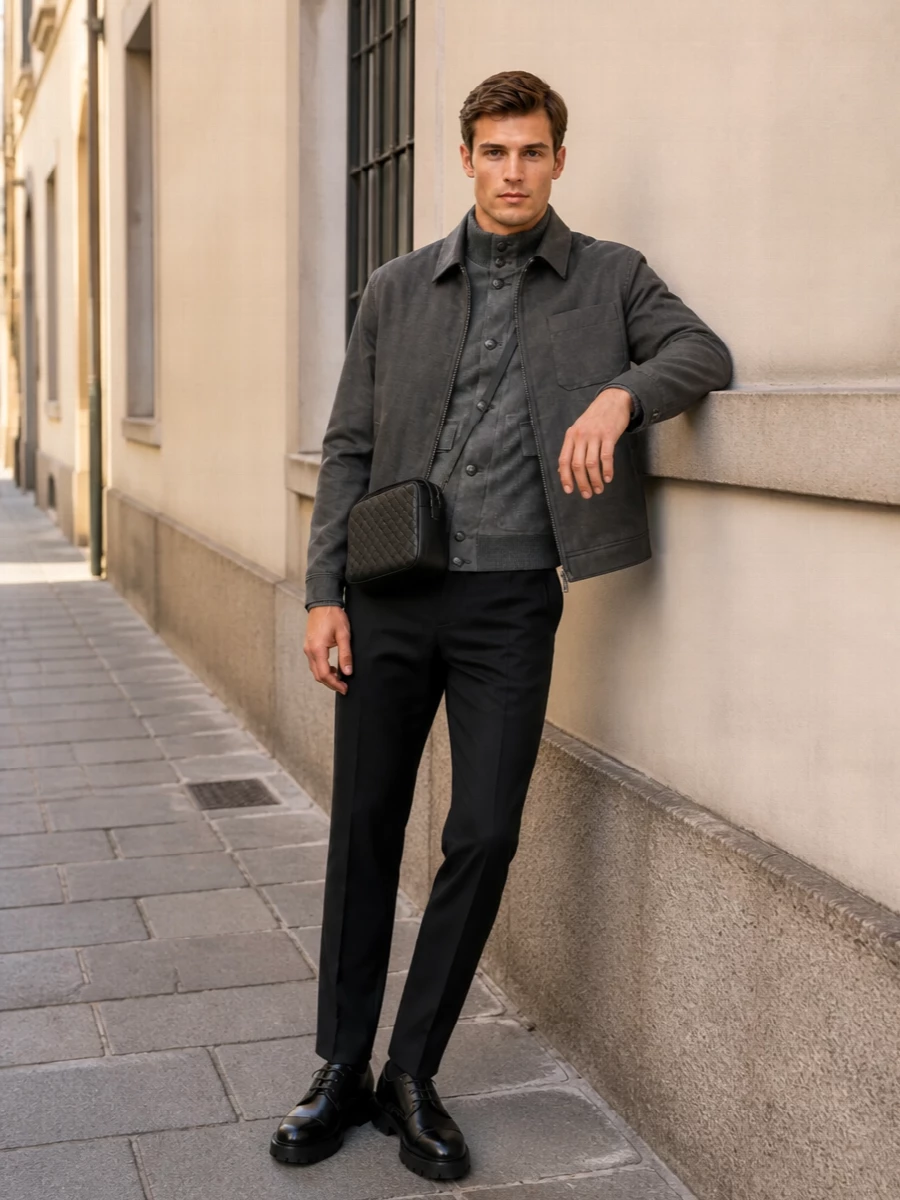 A monochrome study in modern tailoring, this outfit layers tonal greys with grounded black accessories for a quietly confident city uniform. The cropped blouson and straight-leg trouser keep the proportions sharp yet relaxed, while substantial derbies and a compact crossbody add just enough structure. It is refined enough for serious days in town, but still reads considered off duty.