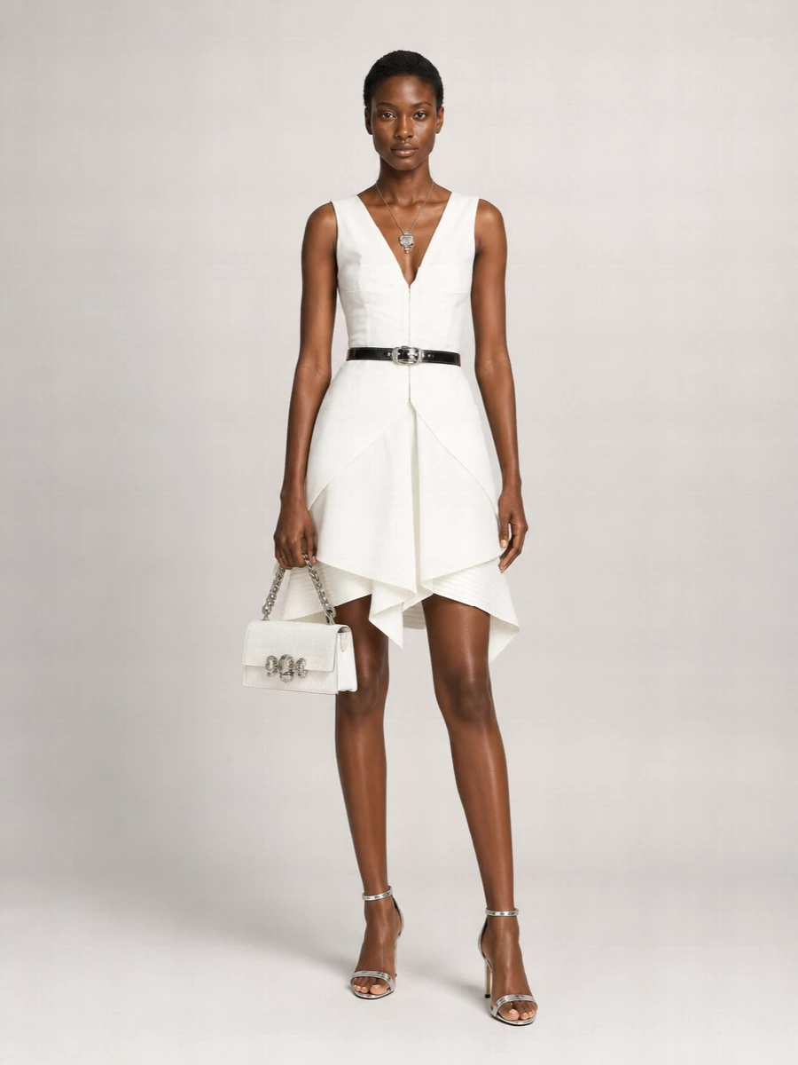 Mc Queen Striped Sleeveless Square Neck Asymmetric Mini Dress