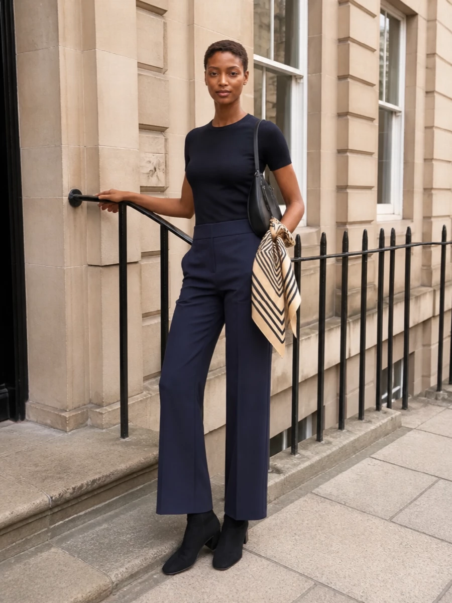 Deep navy and tailored lines keep this combination calm and precise, ideal for days when you want ease with intention. The high waist and soft wide leg work with the sculpted boots to lengthen the frame, while the crescent bag and striped scarf add just enough structure and detail to feel considered without fuss.