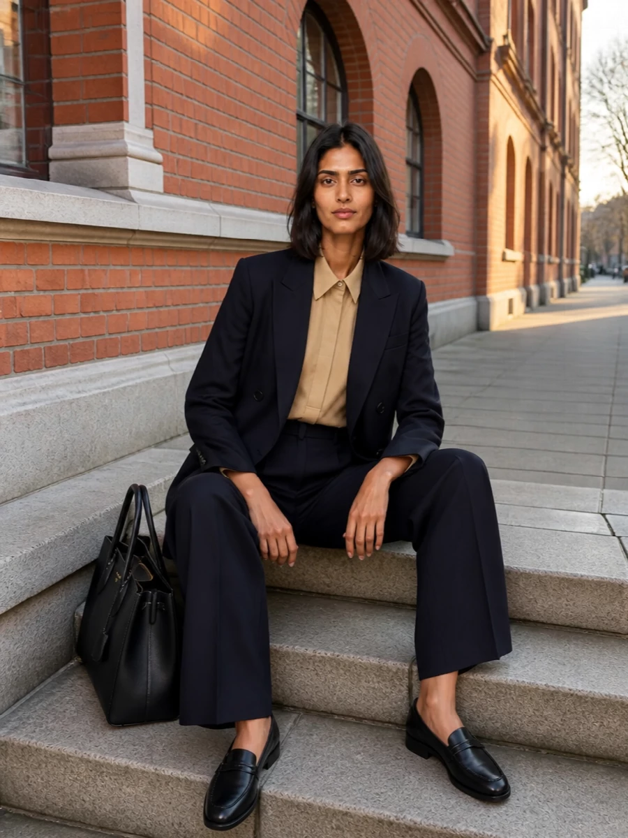 I am building this around the blazer as a classic trouser suit, so I am skipping the dresses to keep the focus on precise tailoring and proportion. Deep navy on navy sets a calm, elongated base, while the camel shirt adds just enough warmth and contrast to stop the palette feeling flat. Grounded with inky loafers and a structured navy bag, it reads as a very considered city uniform that moves easily from meetings to dinner without changing a piece.