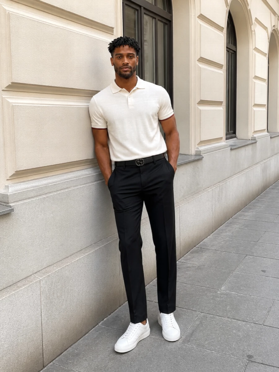Gucci polo black trousers white sneakers