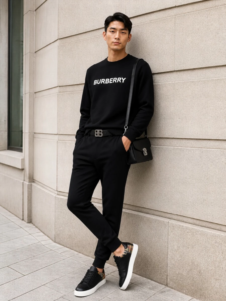 Burberry black sweatshirt joggers streetwear outfit