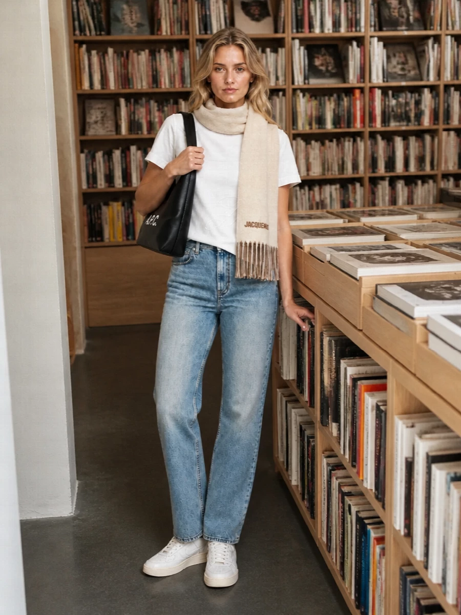 A clean white Jacquemus tee sits over softly faded Totême denim for a quiet, street-lean take on everyday minimalism. Tonal off‑white sneakers keep it grounded and casual, while the black A.P.C. shoulder bag adds just enough graphic contrast for city days. The neutral scarf introduces a touch of warmth and texture without breaking the calm palette.
