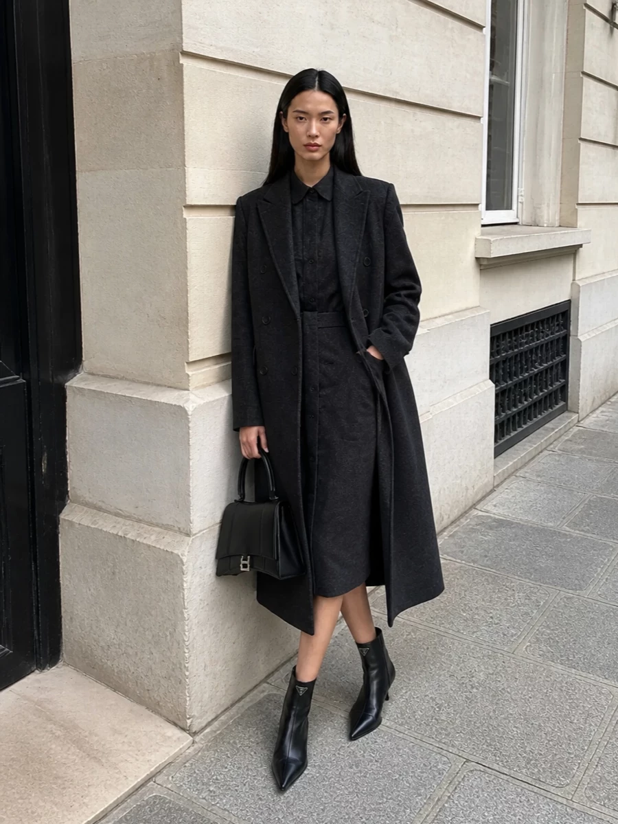 Prada coat charcoal shirt dress outfit