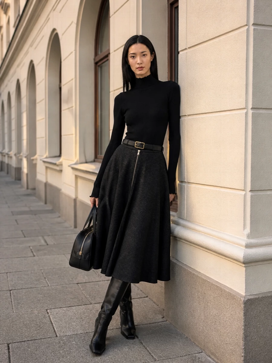 Prada charcoal midi skirt black knit boots