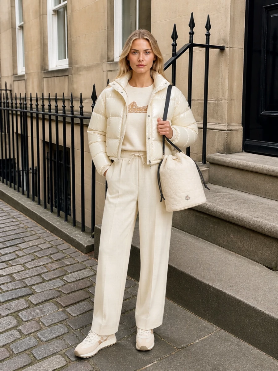 Moncler buttercream puffer wide leg pants outfit