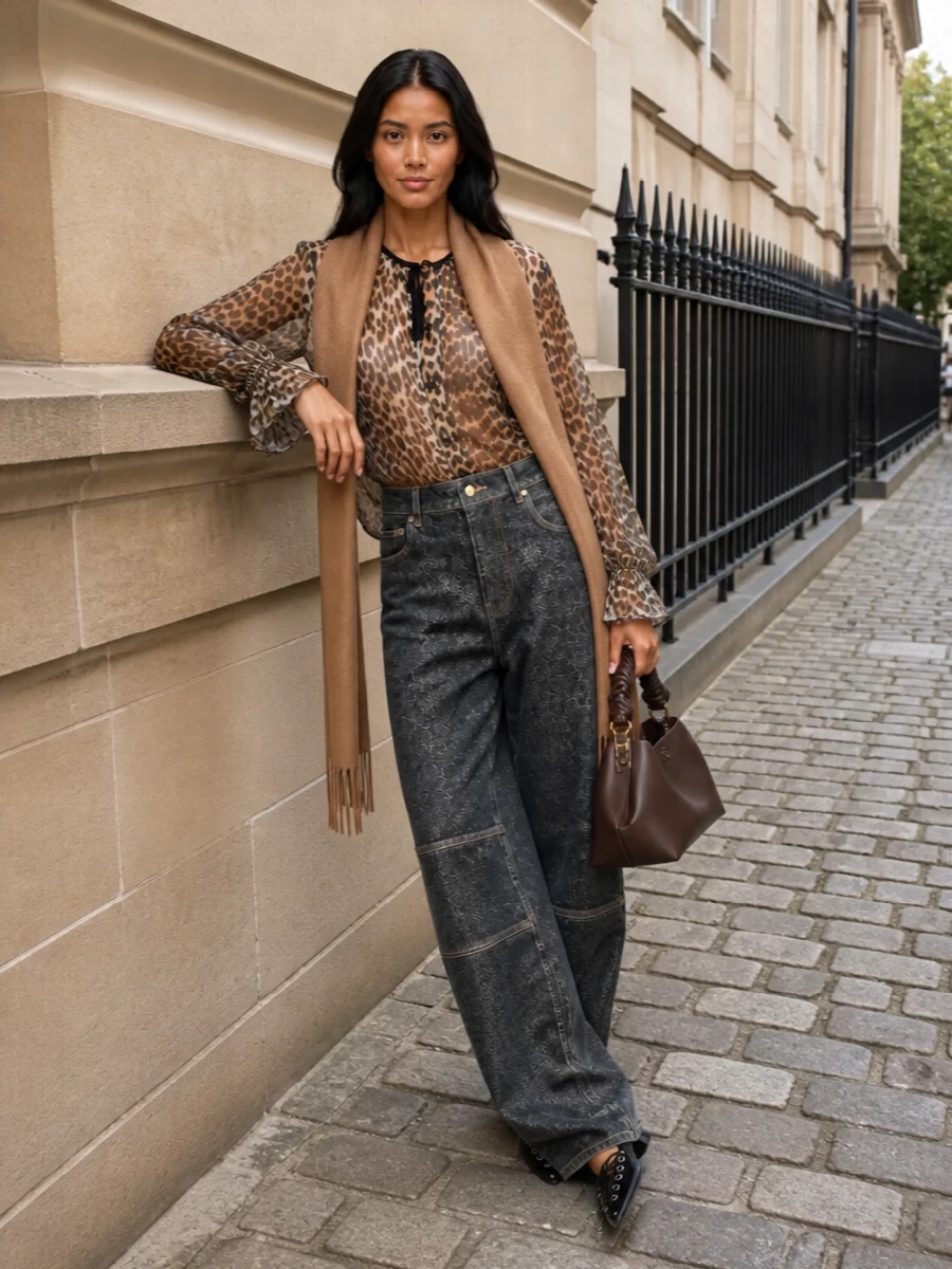 Ganni sheer leopard blouse metallic jeans outfit