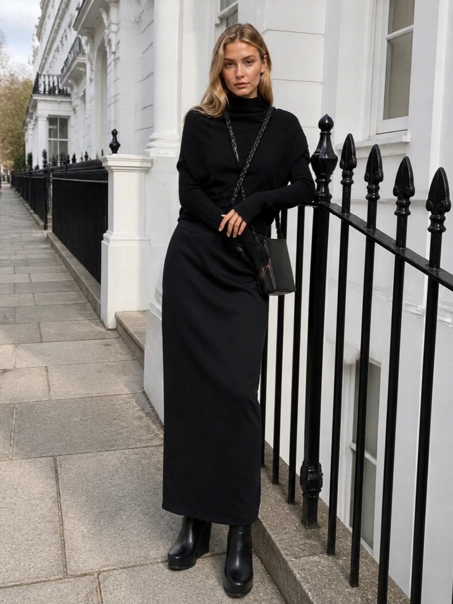 Rick owens black knit maxi skirt wedge boots