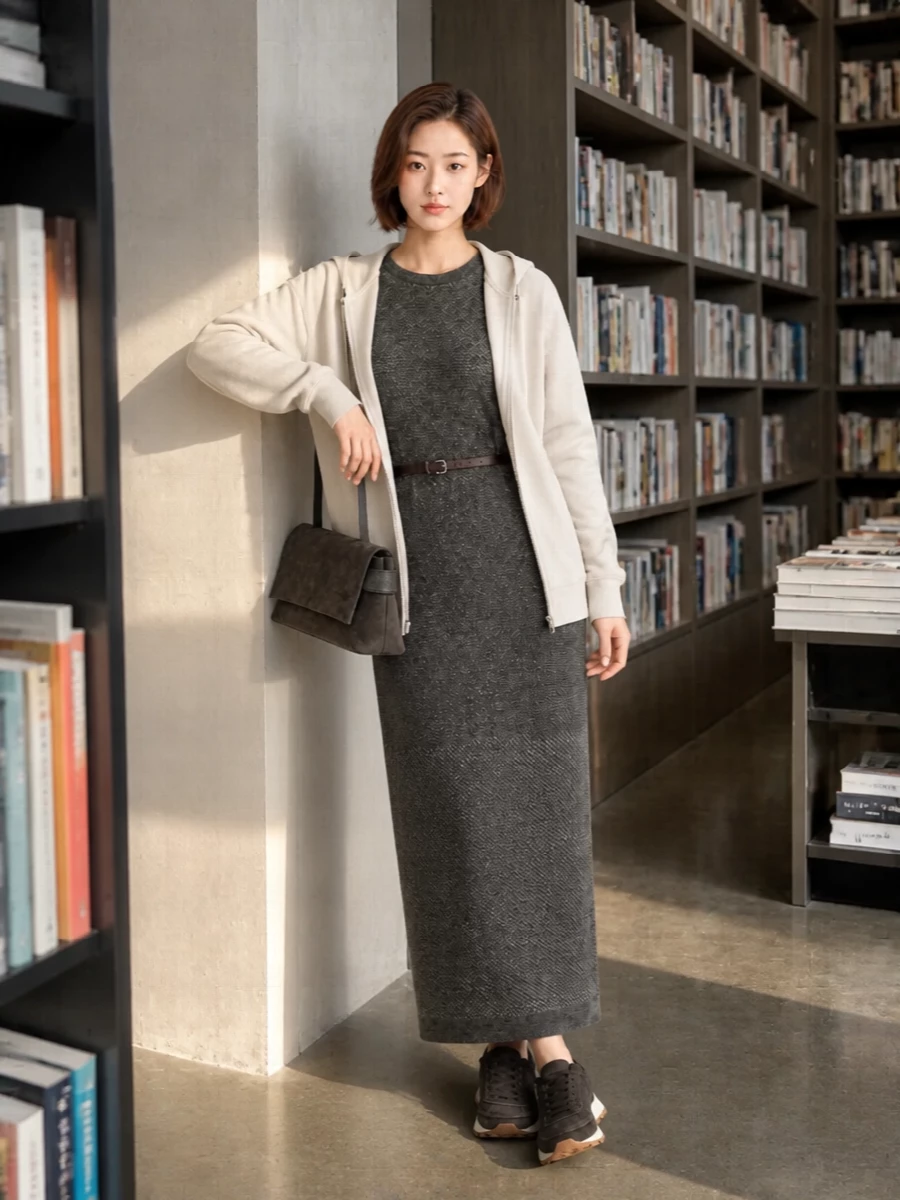 Brunello cucinelli charcoal knit dress outfit