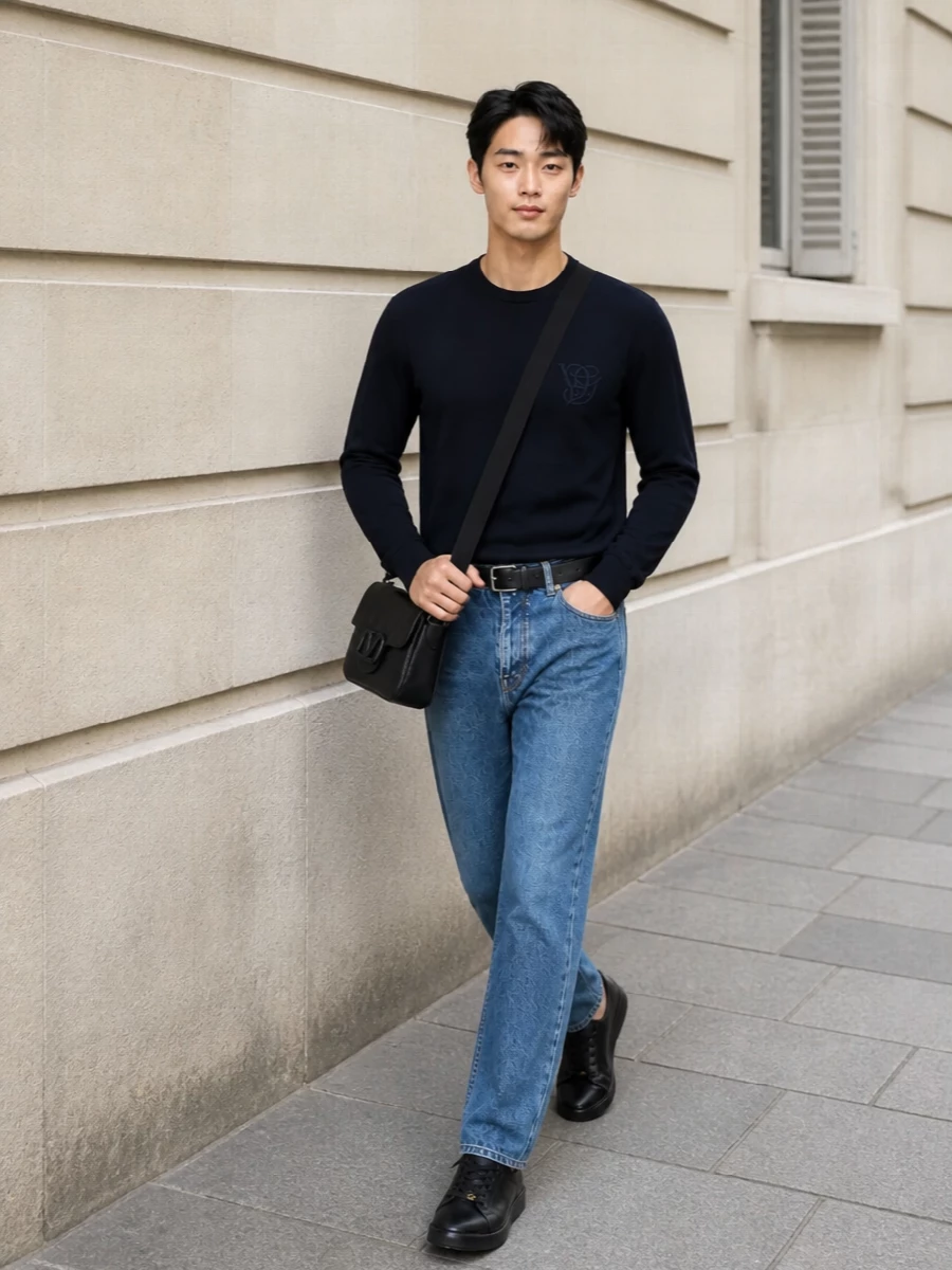 Valentino straight leg jeans navy sweater outfit