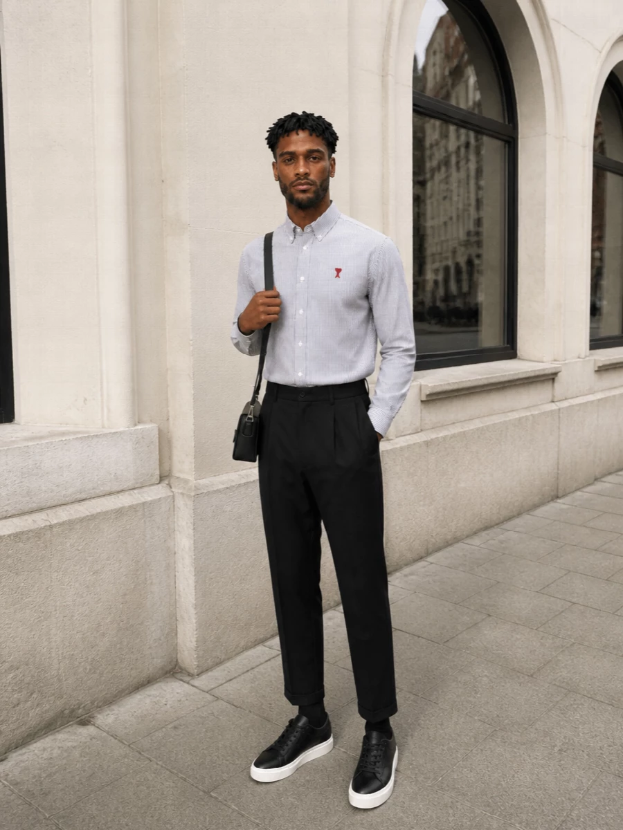 Ami striped shirt black cropped trousers sneakers