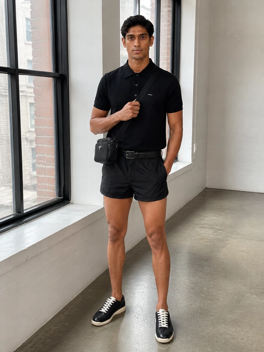 Prada mens black knit polo nylon shorts outfit