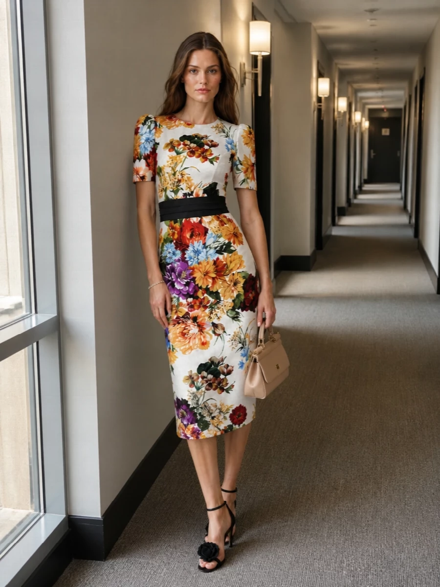 A sculpted floral midi sets the tone, with black floral sandals and a blush top-handle bag keeping the drama focused but refined. A slim pearl bracelet and structured black waist belt sharpen the silhouette without interrupting the print, perfect for winter weddings or city cocktails. The palette stays to ivory, black and soft blush so the dress remains the main event while everything else whispers supportively around it.