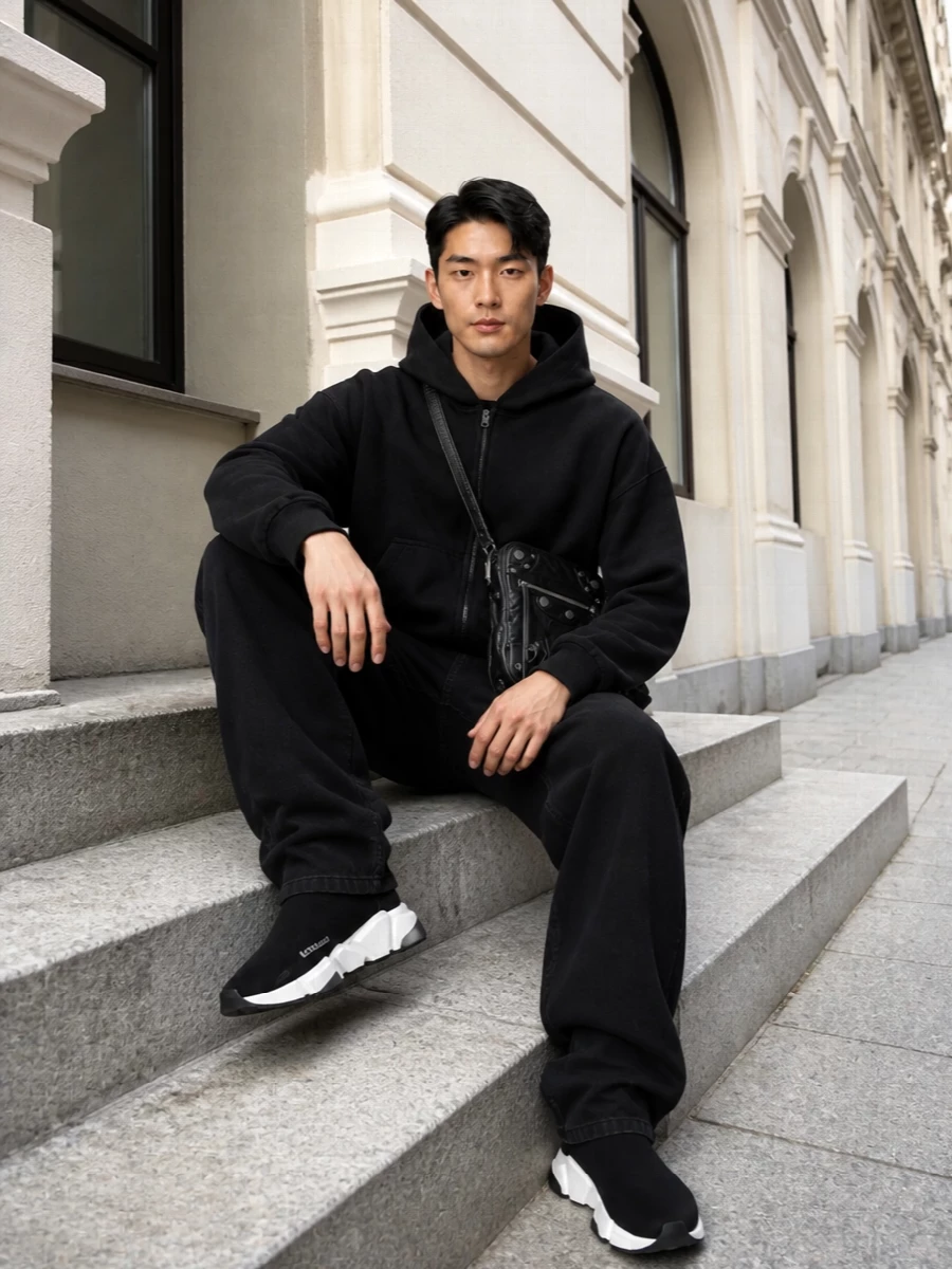 A washed black Balenciaga hoodie drops over long, puddled black denim for a pure, monochrome street statement. Sock-fit sneakers keep the line sleek while the moto crossbody and flame socks inject just enough hardware and graphic attitude. It is a clean, high-fashion take on casual that feels deliberate from head to toe.