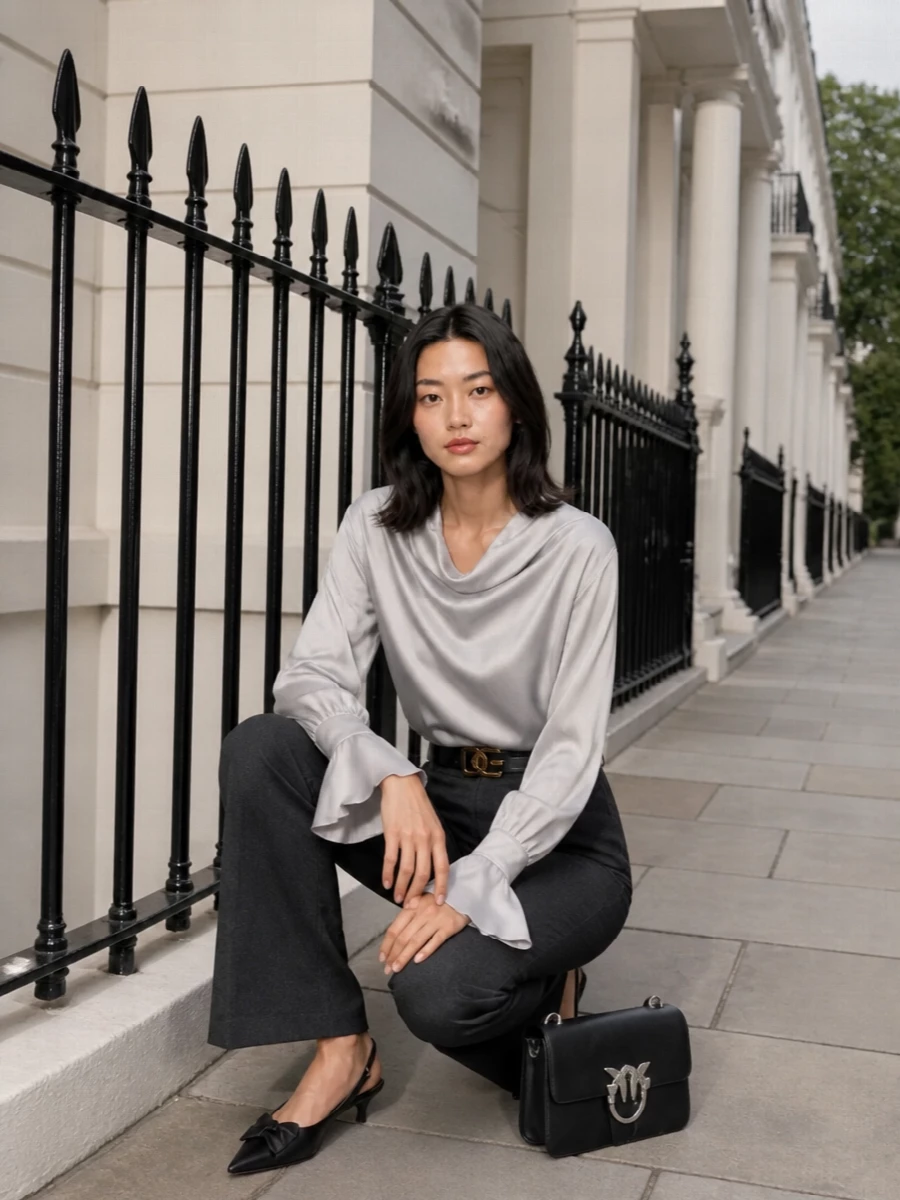 Silver satin and charcoal tailoring create a softly lit, after-dark mood that feels romantic yet precise. The high-waisted flare and kitten heel keep the proportions long and balanced, while black accessories ground the shimmer with quiet structure. Perfect when you want office polish that leans easily into cocktails without a change of outfit.