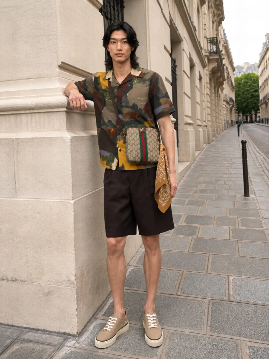Art-school vacation energy, but grown up and grounded. The painterly camp shirt sits against deep chocolate pleated shorts and taupe sneakers, keeping the colour high while the silhouette stays clean and relaxed. A compact Gucci crossbody and camel bandana pull in the earthy tones for a cohesive, gallery-to-late-lunch summer uniform.