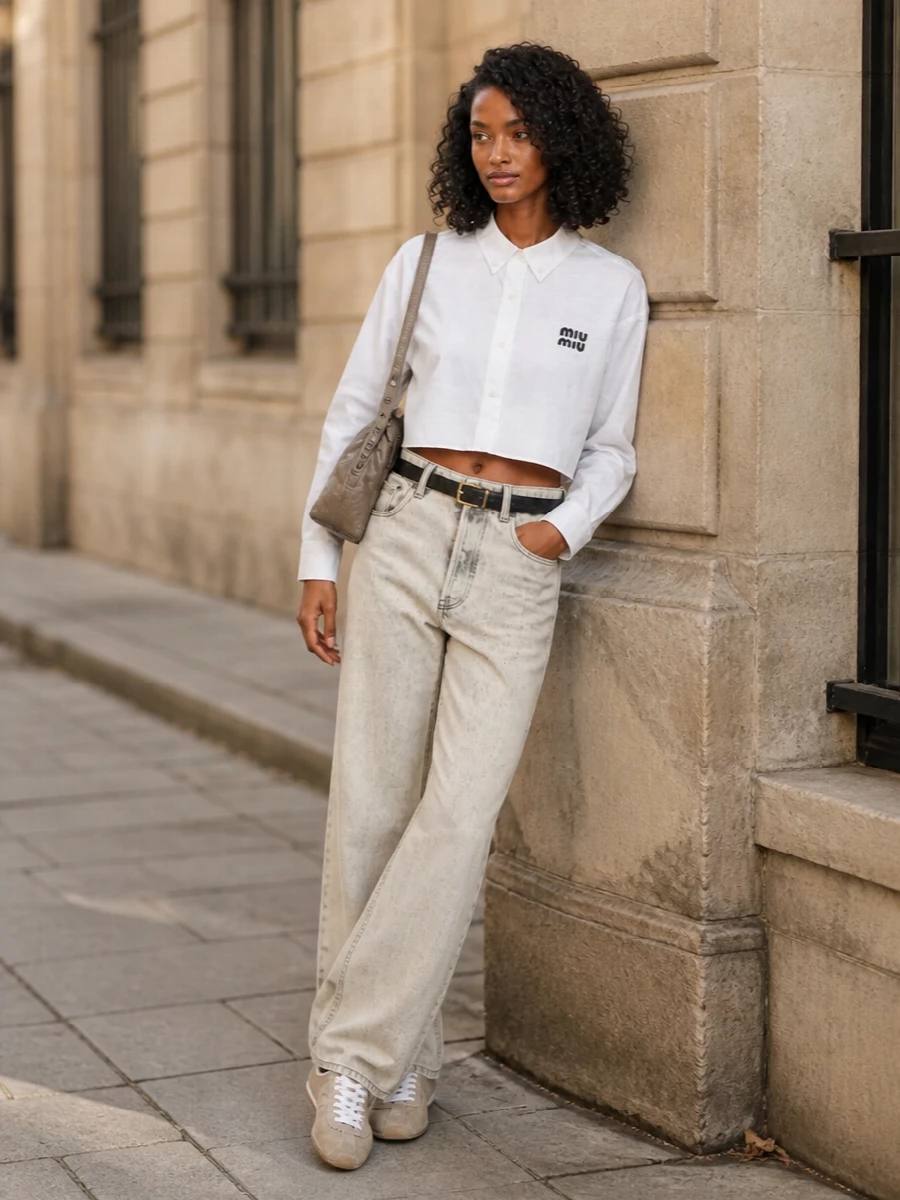 Miu miu beige denim white crop shirt outfit