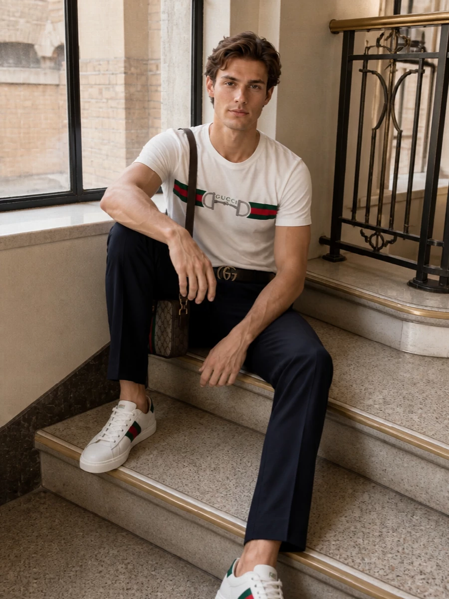 Gucci web tee navy trousers white sneakers