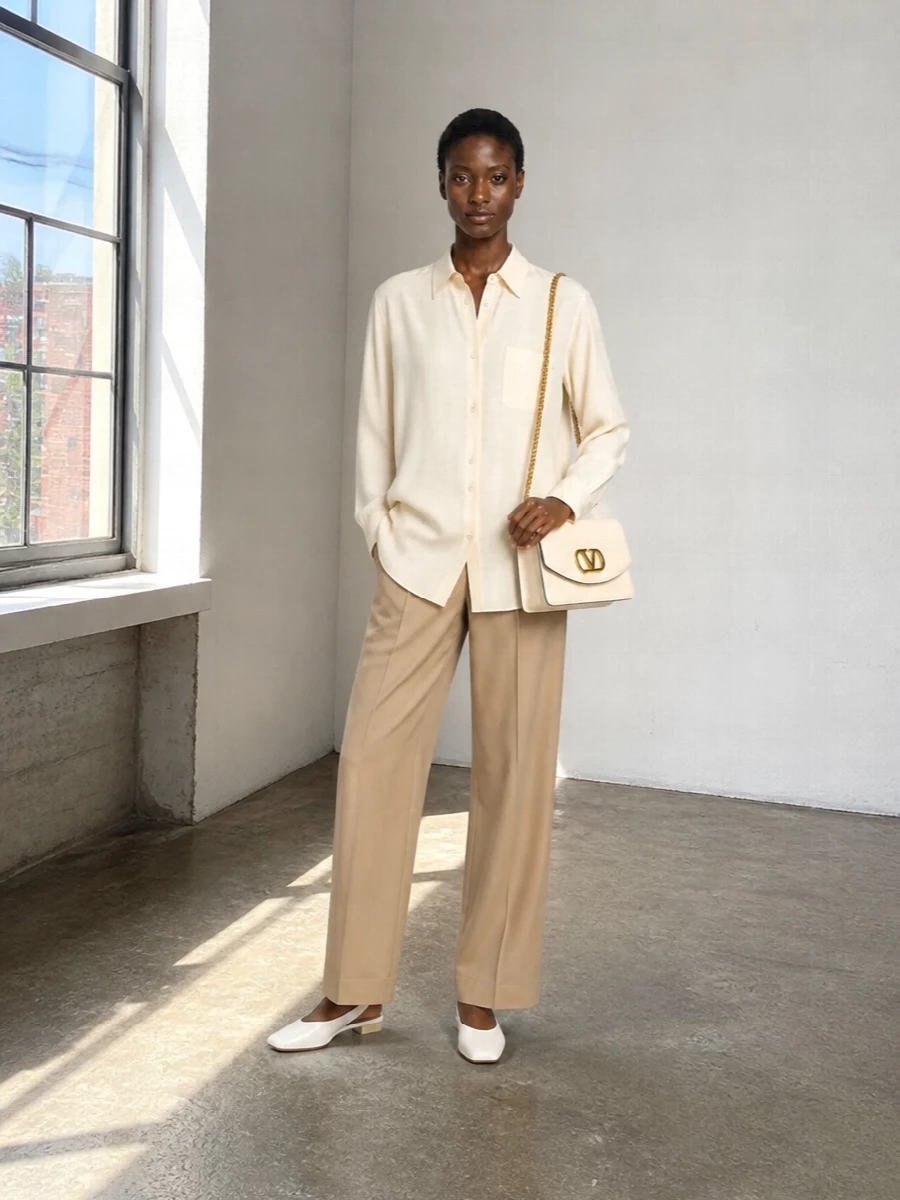 A butter-cream Fabiana Filippi shirt pairs with camel tailoring for a quietly defined, tonal take on warm-weather polish. Flat slingbacks keep the line relaxed yet composed, while a structured buttercream shoulder bag introduces just enough shine. The result is soft-shouldered, minimalist dressing that works from bright offices to understated dinners without a change of pace.