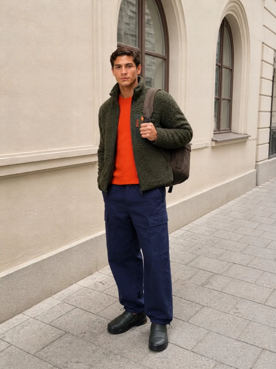 Polo ralph lauren fleece with cargo pants outfit