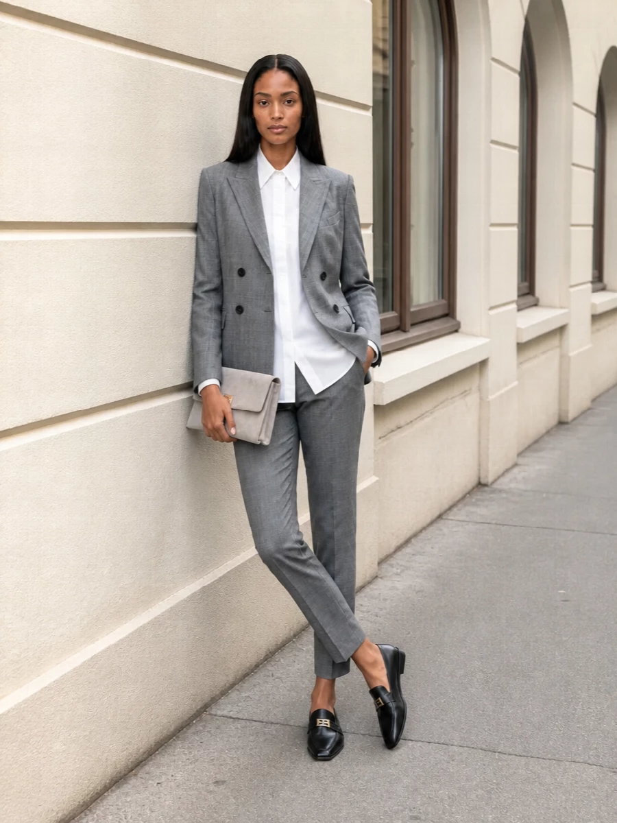 I am building a tailoring-led outfit around the blazer rather than a dress, because it deserves to sit in a full, modern suit story where the cut and palette stay razor-focused. The tonal grey trouser and crisp white shirt keep the line clean and quietly authoritative, while black pointed loafers and a structured dove-grey bag add just enough definition and polish. The result is a restrained, boardroom-to-dinner ensemble that reads refined without ever feeling stiff.