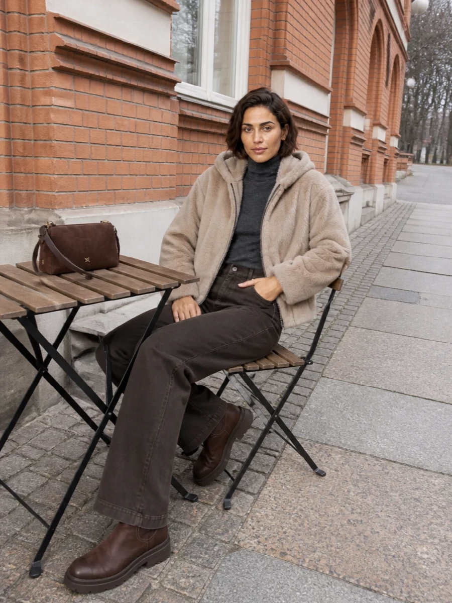 Parosh faux fur coat wide leg jeans outfit