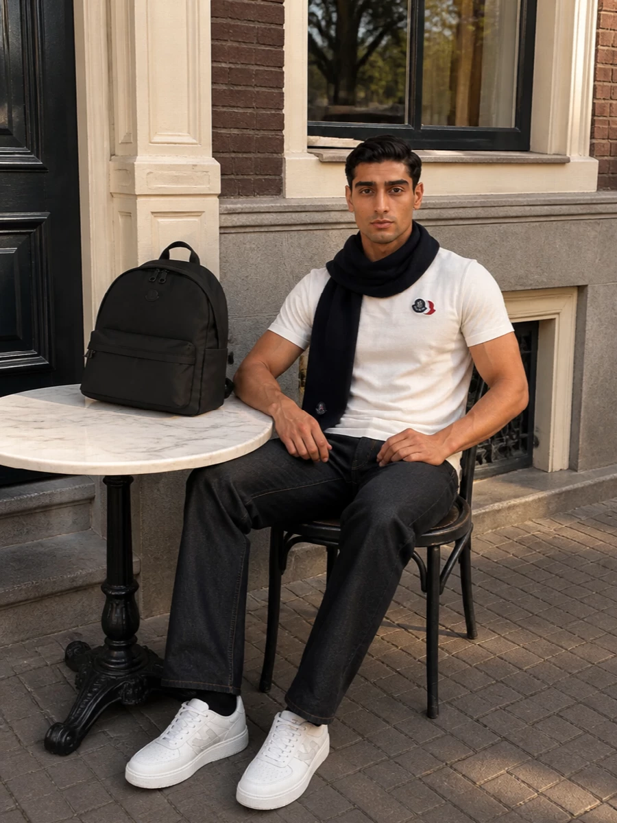 Moncler off white tee dark jeans white sneakers