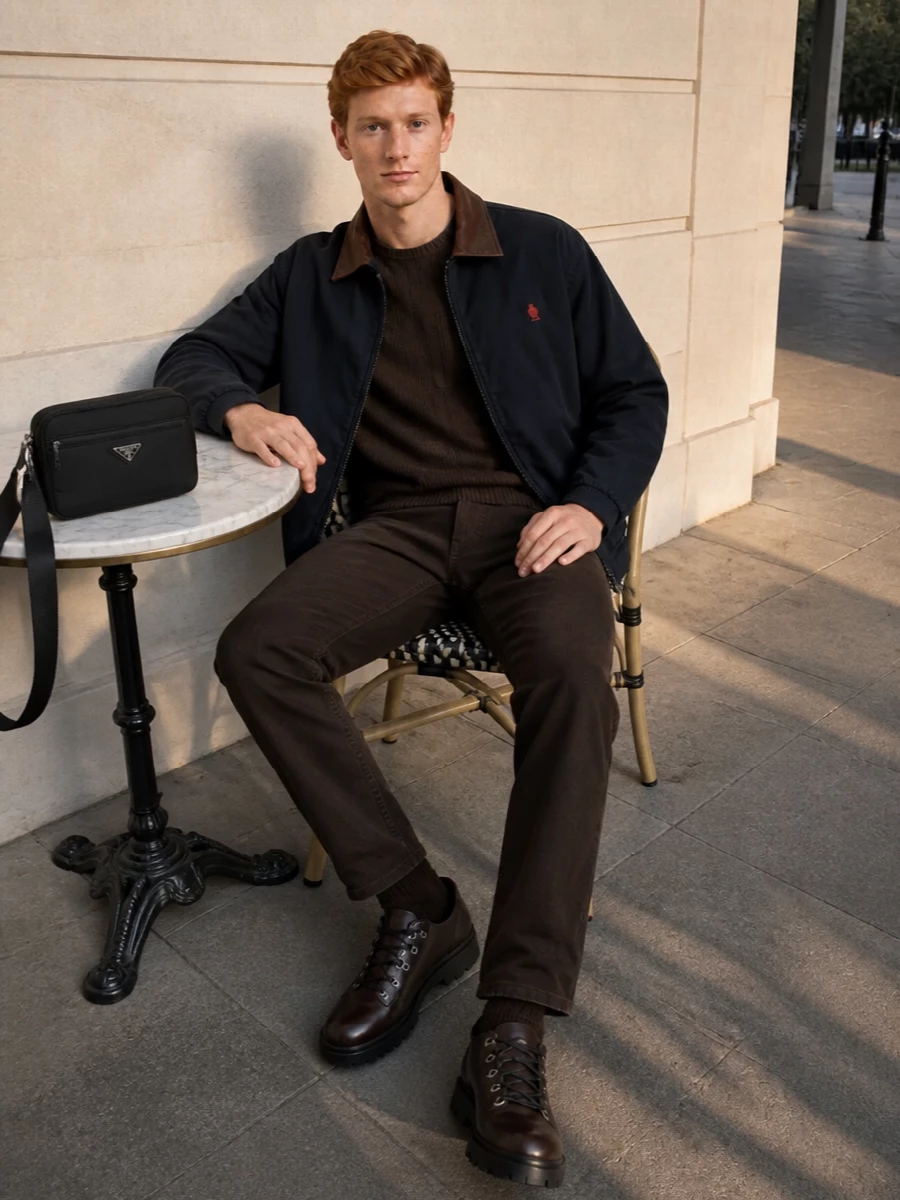 Prada navy blouson brown jeans boots outfit