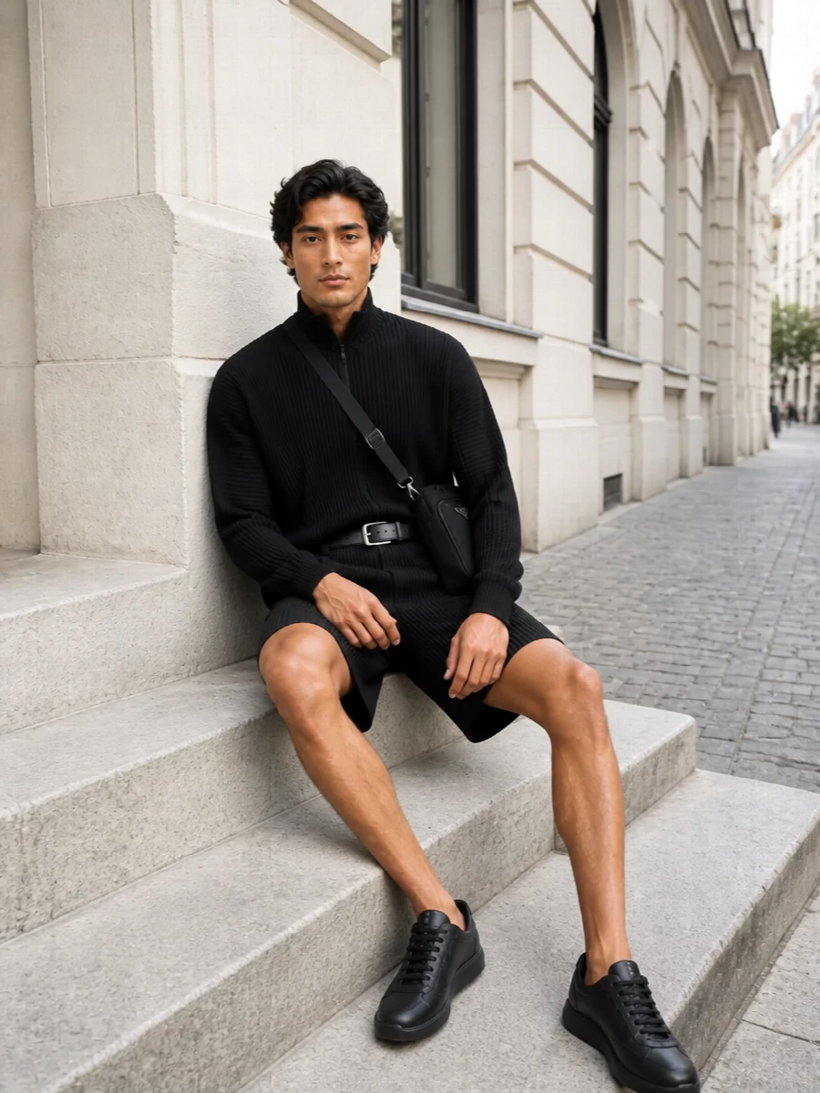 Homme plisse shorts prada black sneakers outfit