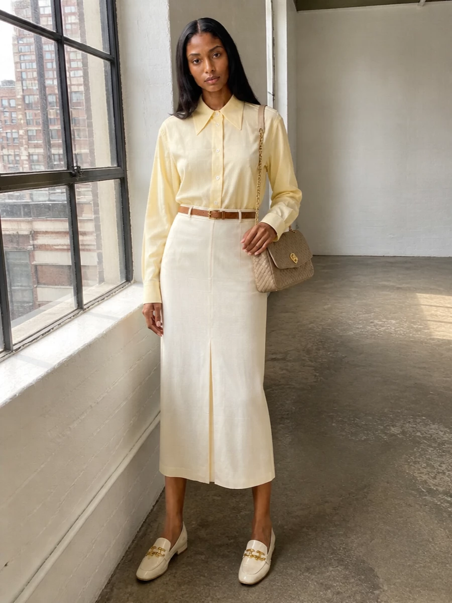 Bottega veneta lemon shirt buttercream midi outfit