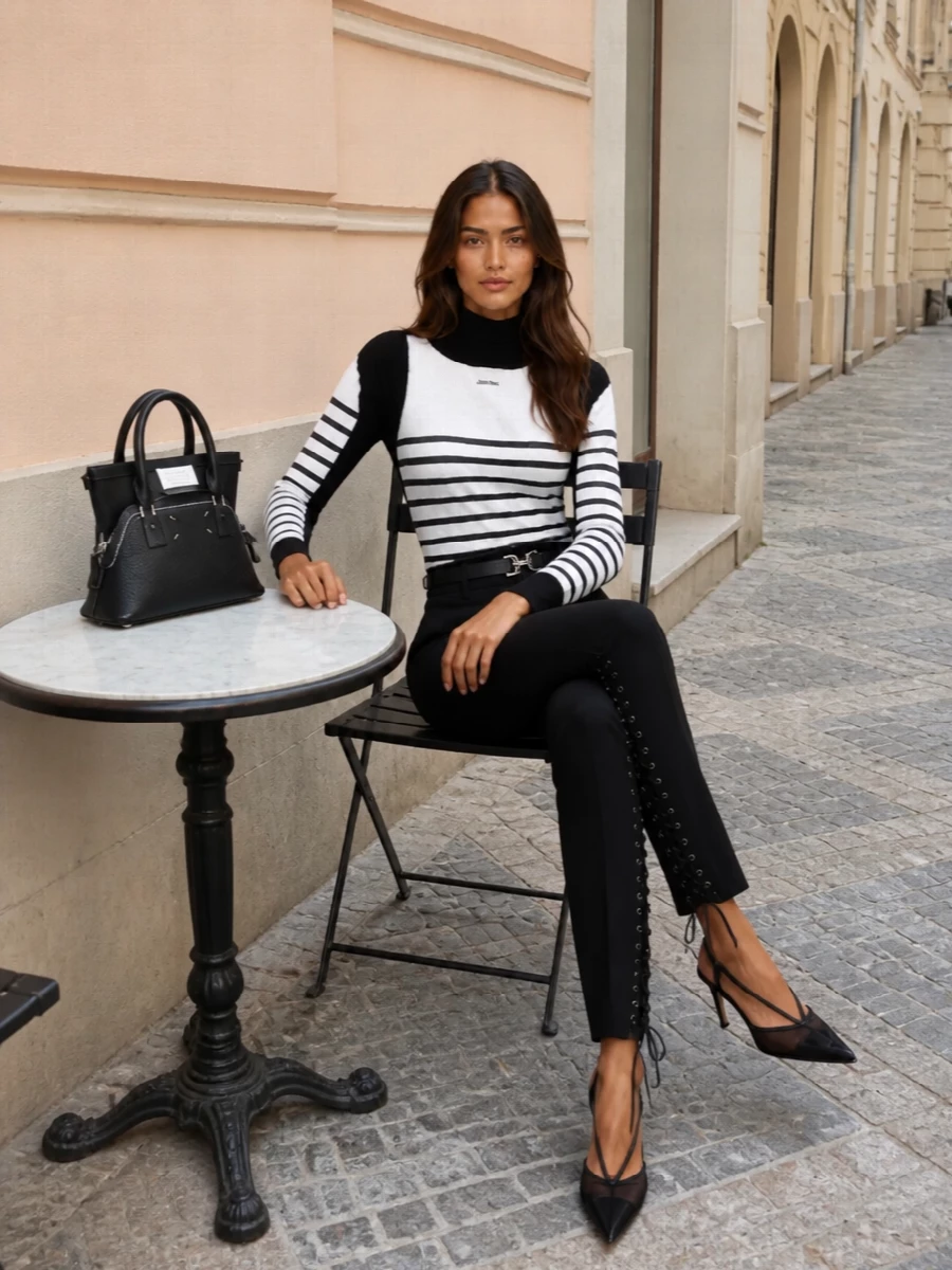 Gaultier striped top black lace up trousers