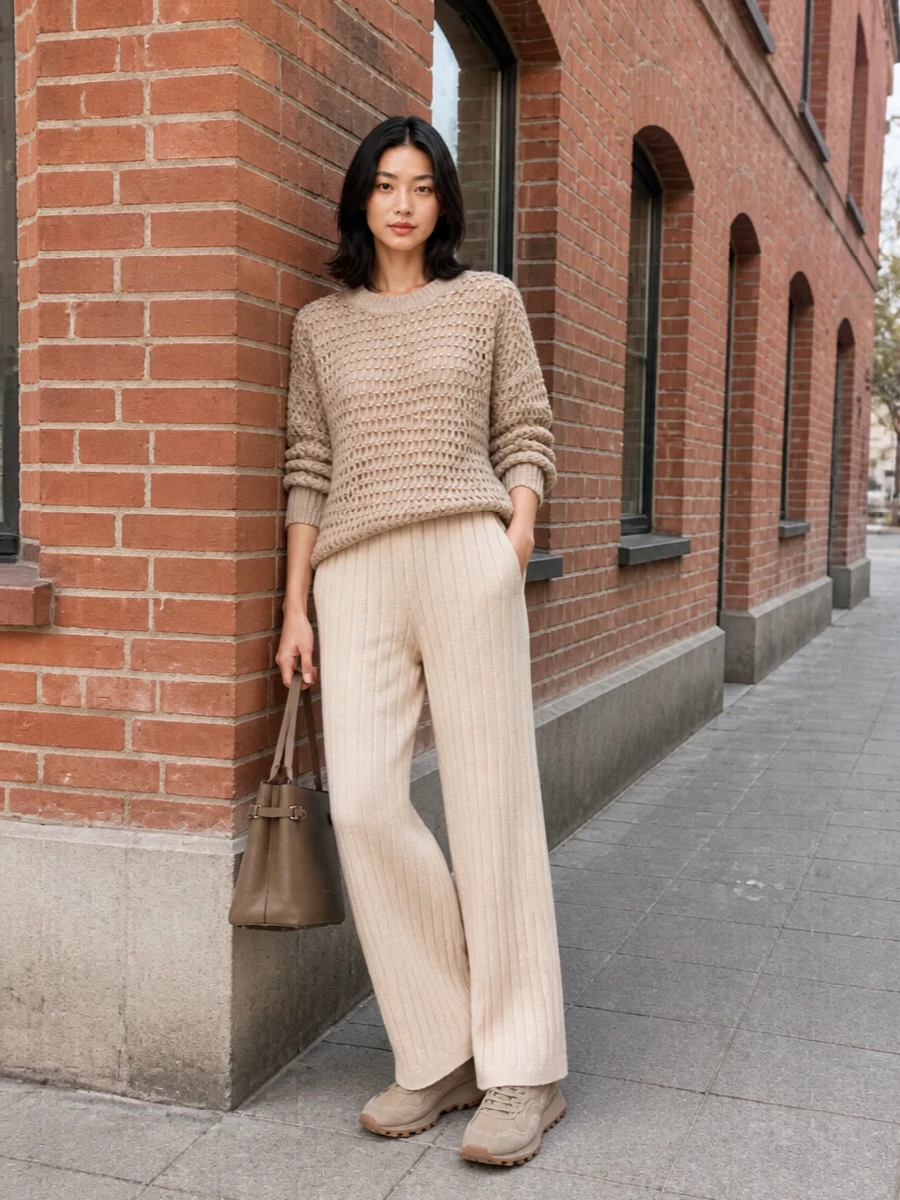 Brunello cucinelli taupe open knit sweater outfit